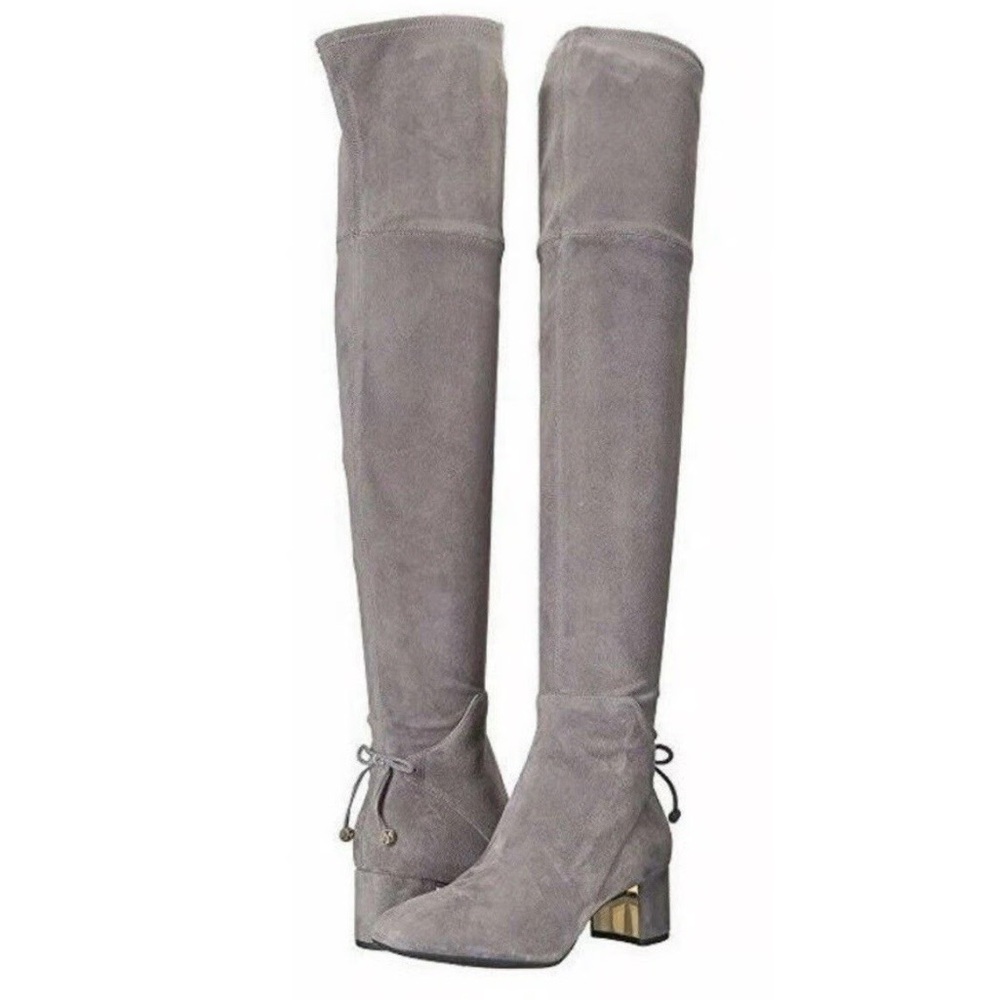 Tory Burch Laila Suede Over the Knee Grey Boots Block Heel Bow Gold Tall Leather